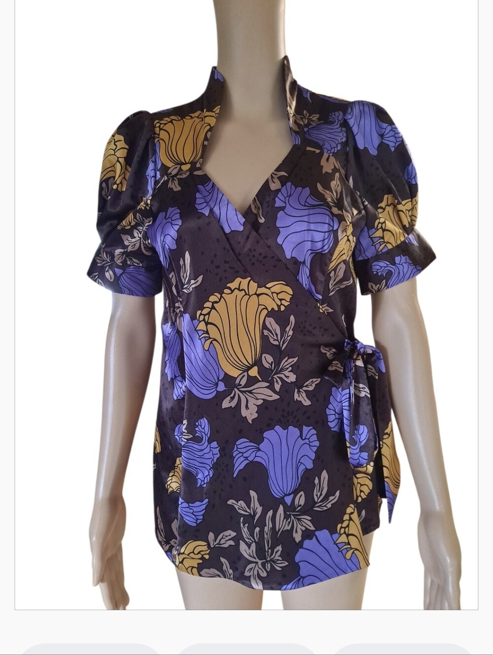 BCBGMAXAZARIA Wrap-Style Floral Blouse in Purple & Gold